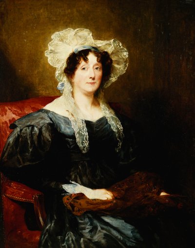 Portrait of a Lady, Seated Half Length, in a Dark Blue Dress and a White Lace Bonnet with a Blue Bow, Holding Needlework by Margaret Sarah Carpenter