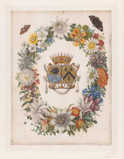 Alliance Coat of Arms of Cornelis Calkoen and Maria van der Merct in a Wreath of Flowers by Maria Moninckx