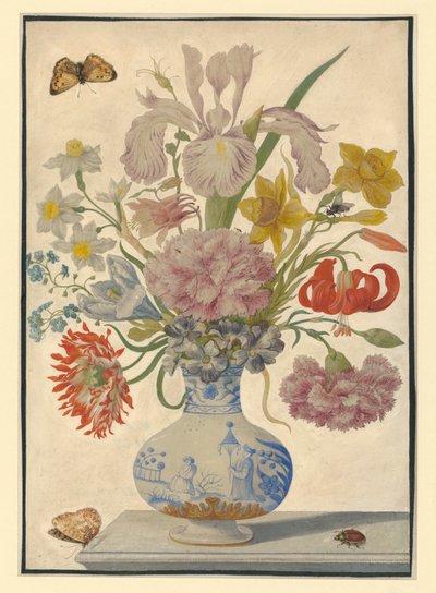 Chinese Vase with Irises, Lilies, and Carnations. On the Table, a Butterfly on the Left, a May Beetle on the Right by Maria Sibylla Merian