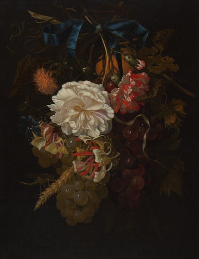 Bouquet of Flowers and Fruit with Blue Ribbon by Maria van Oosterwijck