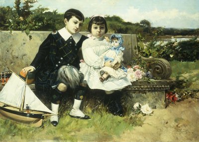 Two Children Seated on a Park Bench by Mariano Barbasan Lagueruela