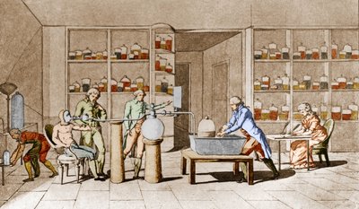 Antoine Laurent de Lavoisier (1743-1794), French chemist, has an experience on the breathing of man at rest. Leemage collection by Marie Anne Pierrette Lavoisier