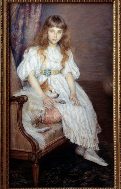 The little girl with the white dog or portrait of Adeline Poznanska by Marie Louise Catherine Breslau