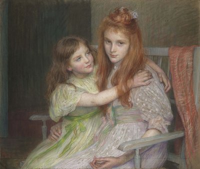 Two girls sitting on a bench by Marie Louise Catherine Breslau