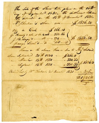 Document regarding sale of slaves and share coming to various individuals, November 1831 by Marie Therese Cerre Chouteau