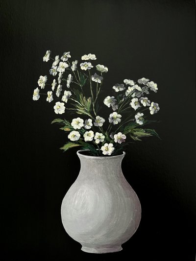 White Flower Painting – Monochrome Botanical Art in White Vase for Home, Office or Gift - 010 by Marina Kozyr