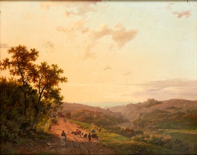 Shepherds and Their Cattle on a Country Lane, with Distant Landscape by Marinus Adrianus Koekkoek