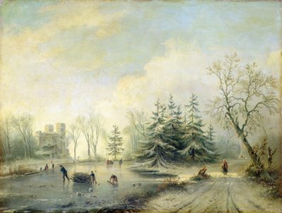Trees, Castle and skating figures by Marinus Adrianus Koekkoek