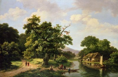 Wooded River Landscape with Peasants Unloading a Ferry by Marinus Adrianus Koekkoek