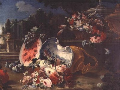 Still life, mixed flowers and fruit near a fountain by Mario (follower of) Nuzzi