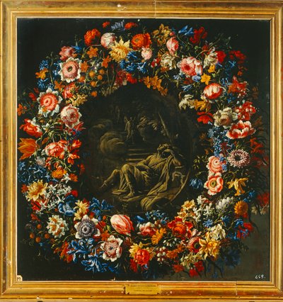 Wreath of Flowers with a Biblical Scene by Mario (follower of) Nuzzi