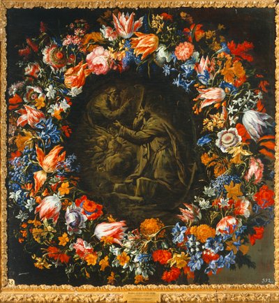 Wreath of Flowers with a Biblical Scene by Mario (follower of) Nuzzi
