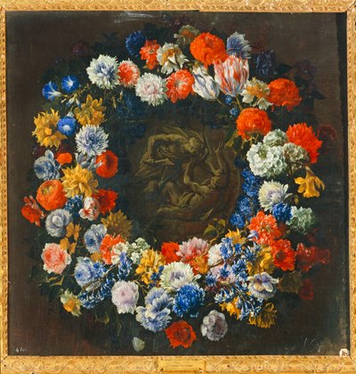 Wreath of Flowers with a Biblical Scene by Mario (follower of) Nuzzi