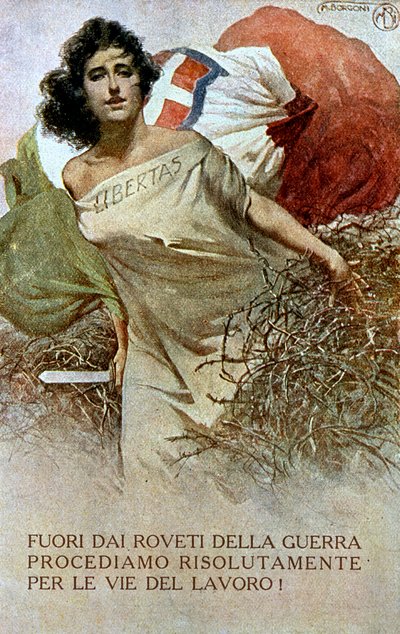 Drawing of an allegory of Italy liberated from the yoke of the First World War by Mario Borgoni