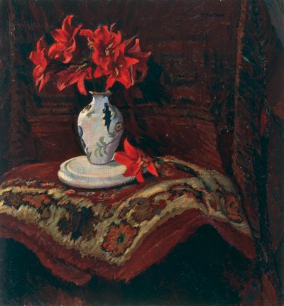 Rug and Vase with Red Lilies by Mario Puccini