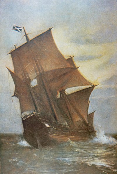 The Mayflower carrying the Pilgrim Fathers across the Atlantic to America in 1620 by Marshall Johnson
