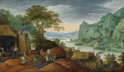 A Rocky Landscape with Figures by an Iron Foundry, a River and Houses on the Bank Beyond by Marten Ryckaert