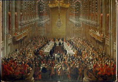 Banquet on the Occasion of the Wedding of Emperor Joseph II and Isabella of Parma on 6/10/1760, with Mozart Standing in the Orchestra by Martin (and studio) Mytens or Meytens