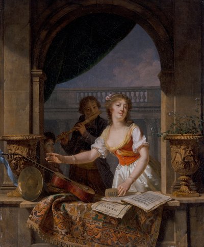 A Young Lady Reaching for a Guitar at a Stone Casement and a Boy Playing the Flute Beyond by Martin Drölling