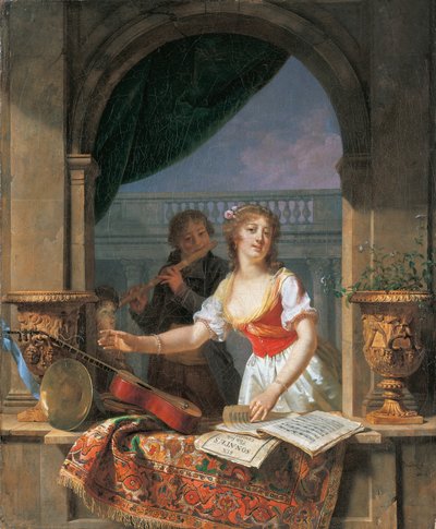 A young lady reaching for a guitar at a stone casement and a boy playing the flute beyond by Martin Drölling