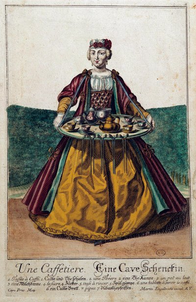 A coffee maker: a young woman carrying a tray with a coffee service by Martin Engelbrecht