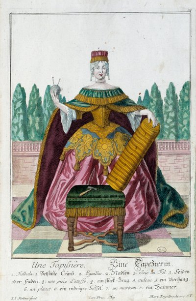 A upholstery. Engraving by Martin Engelbrecht, in New assembly of the manouvries habilles, 18th century, Germany. Paris, Decorative Arts by Martin Engelbrecht