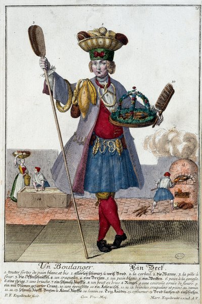 Metier: A baker. Engraving by Martin Engelbrecht, in New assembly of the manouvries habilles, 18th century, Germany. Paris, Decorative Arts by Martin Engelbrecht