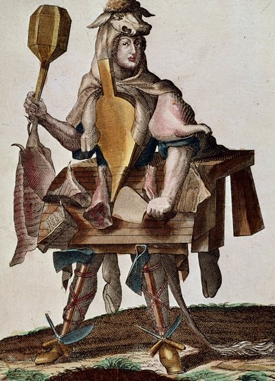 The butcher, engraving from Assemblage des nouveau manouvries habilles by Martin Engelbrecht