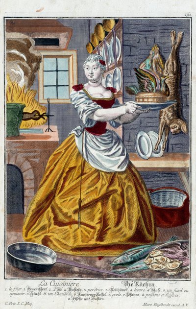 The cook. Engraving by Martin Engelbrecht, in New assembly of the manouvries habilles, 18th century, Germany. Paris, Decorative Arts by Martin Engelbrecht