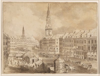 Nytorv and Gammel Torv in Copenhagen with the Spires of St. Peter