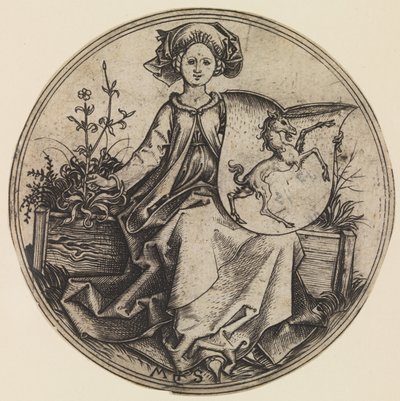 Seated Lady Holding a Shield with an Unicorn by Martin Schongauer