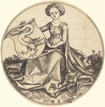 Shield with Swan, Held by Woman by Martin Schongauer