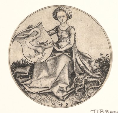 Shield with Swan Held by Woman by Martin Schongauer