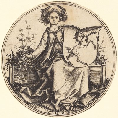 Shield with Unicorn, Held by Woman by Martin Schongauer