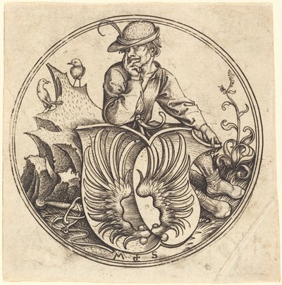 Shield with Wings, Held by Peasant by Martin Schongauer
