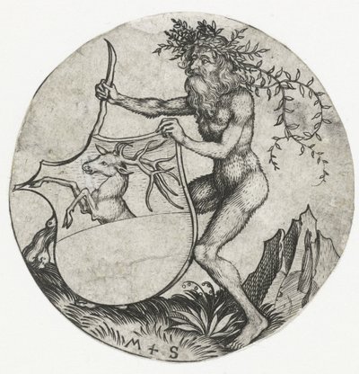 Coat of Arms with a Deer, Held by a Wild Man with a Club (series title: Figures with Coats of Arms) by Martin Schongauer