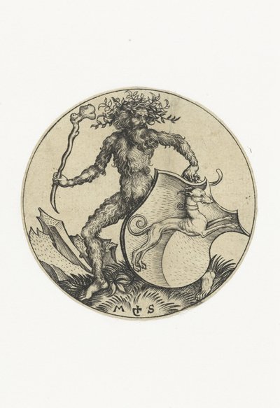 Coat of Arms with a Dog Held by a Wild Man with a Club by Martin Schongauer