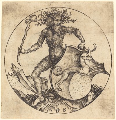 Wild Man Holding a Shield with a Greyhound by Martin Schongauer