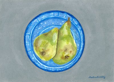 The Blue Dragon Plate with Two Pears on the Stainless Steel Plate in the Kitchen by Martina Konitzky