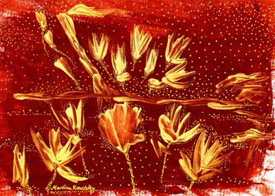 Landscape with Flowers and Starry Sky Brown Gold by Martina Konitzky