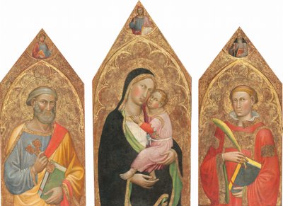 Madonna and Child with the Blessing Christ, and Saints Peter, James Major, Anthony Abbott, and a Deacon Saint (entire triptych) by Martino di Bartolomeo