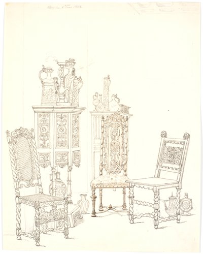 Old Chairs and Cabinets with Stoneware by Martinus Rørbye