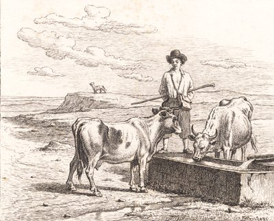 A Shepherd Boy by a Watering Trough. Illustration for Chr. Winther "Twenty-Five Pictures for Small Children" by Martinus Rørbye