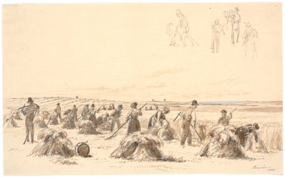 Harvest Workers in the Field. In the Background, Mills and the Sea by Martinus Rørbye