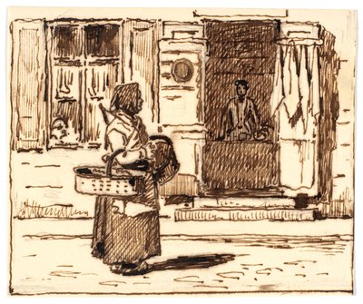 Italian (?) street scene with woman with baskets by Martinus Rørbye