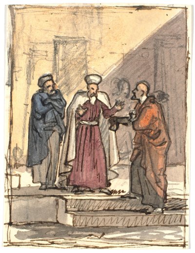 Composition study with three standing men on a two-step staircase by Martinus Rørbye