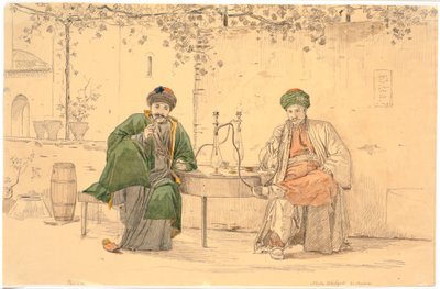 Two Turks Smoking Water Pipe Outside Café Nicolao in Athens by Martinus Rørbye