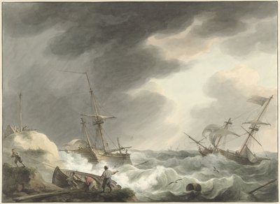 Shipwreck of Two Ships, One Under American Flag, on a Dune Coast by Martinus Schouman