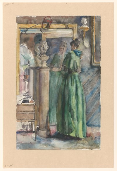 Lady in Green Gown Standing Before a Mirror by Martinus van Andringa