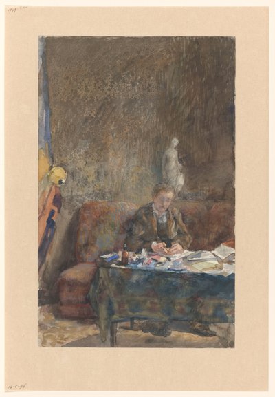 Interior with Man Writing on Sofa Behind Table by Martinus van Andringa